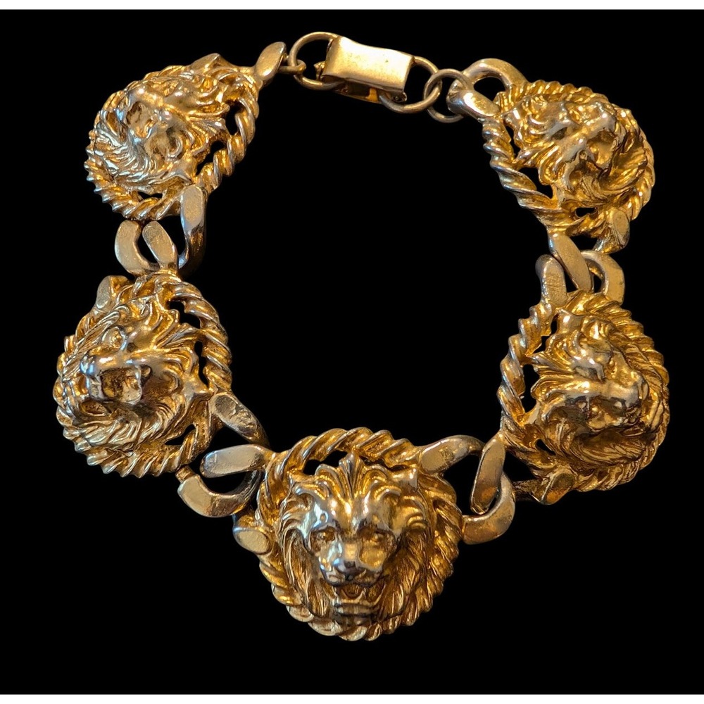 Vintage Gold tone Lion Head Link Bracelet Statement Chunky